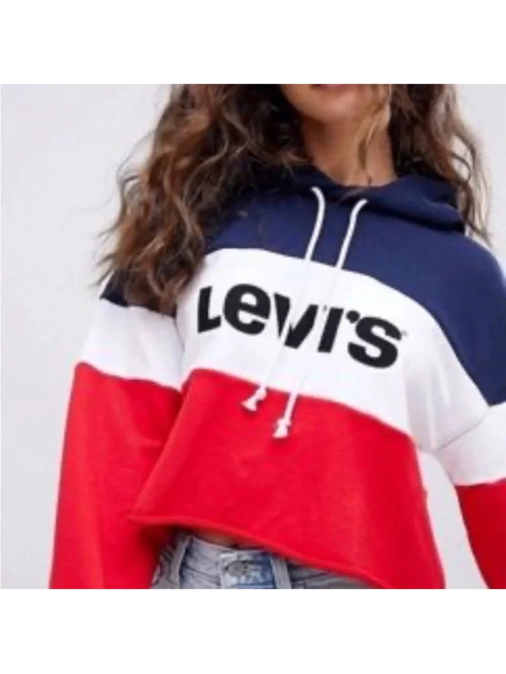 Levi's Navy White Red Colorblock Cropped Hoodie Sweater